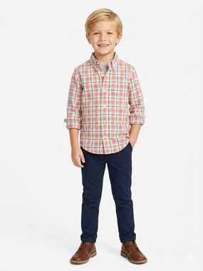 Janie and Jack Coral, Teal & White Plaid Button-Down Shirt
